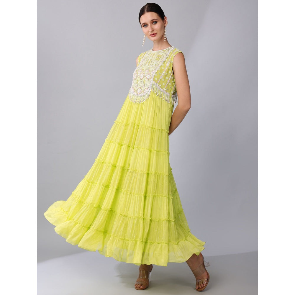 KEITH GOMES Neon Green Chiffon Crepe Tier Dress