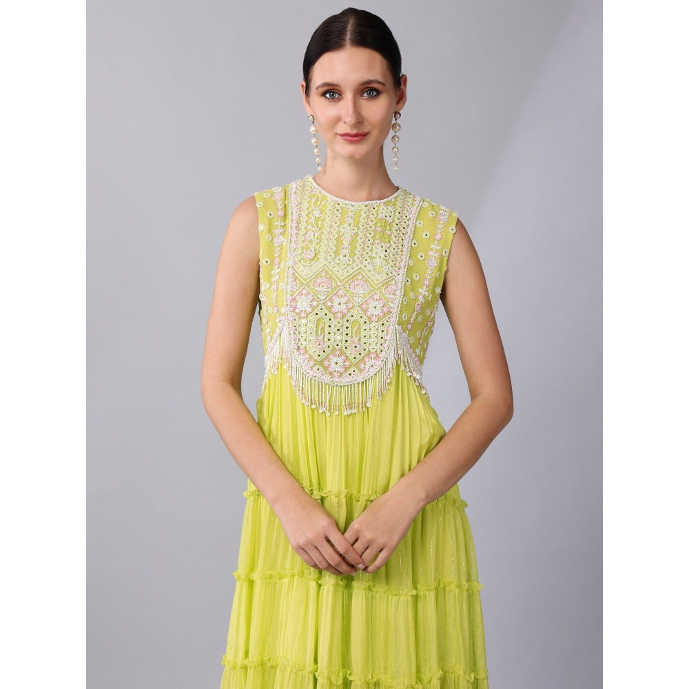 KEITH GOMES Neon Green Chiffon Crepe Tier Dress