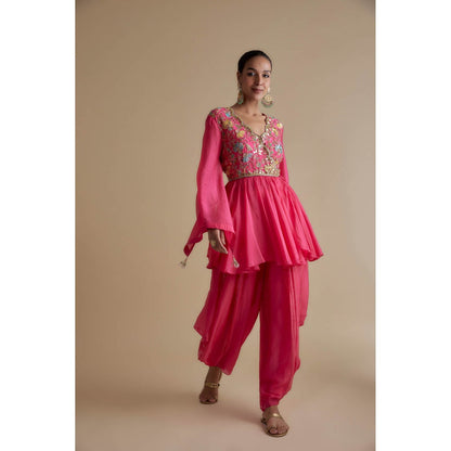 KEITH GOMES Pink Embellished Overlap Tunic & Dhoti (Set of 2)