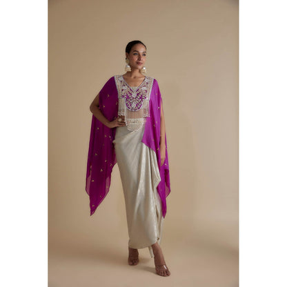 KEITH GOMES Purple And Ivory Bead Mirror Embroidered Tassel Cape & Skirt (Set of 3)