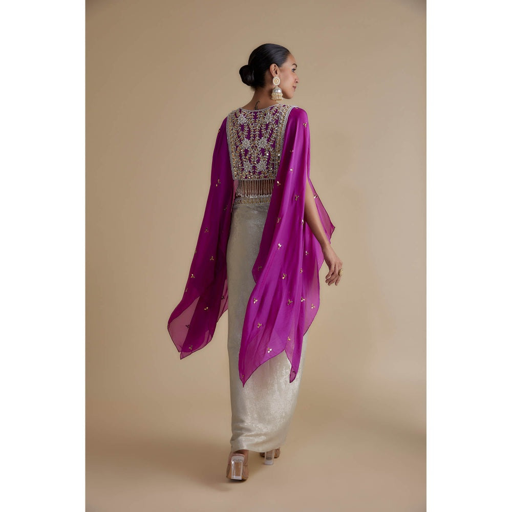 KEITH GOMES Purple And Ivory Bead Mirror Embroidered Tassel Cape & Skirt (Set of 3)