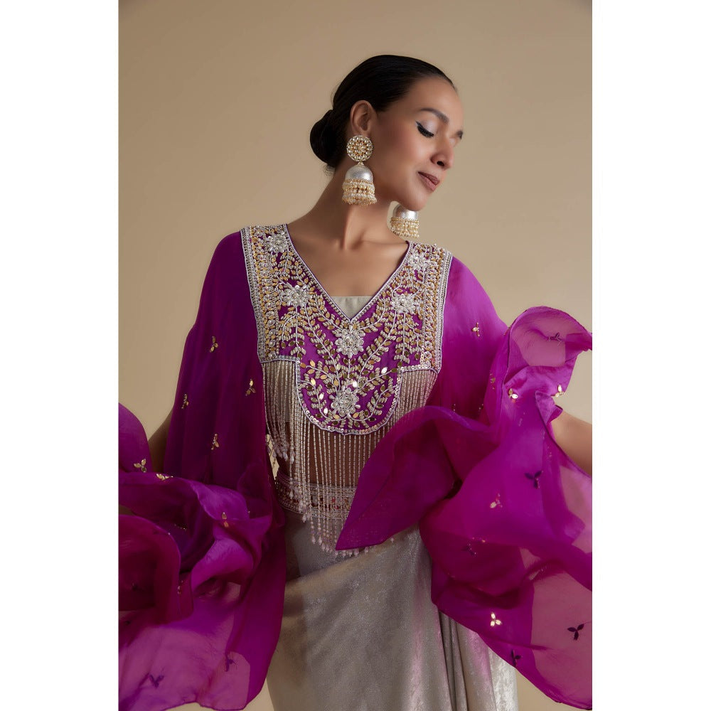 KEITH GOMES Purple And Ivory Bead Mirror Embroidered Tassel Cape & Skirt (Set of 3)