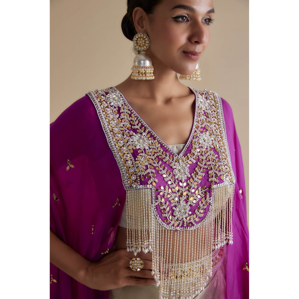 KEITH GOMES Purple And Ivory Bead Mirror Embroidered Tassel Cape & Skirt (Set of 3)