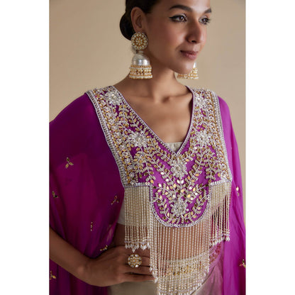 KEITH GOMES Purple And Ivory Bead Mirror Embroidered Tassel Cape & Skirt (Set of 3)