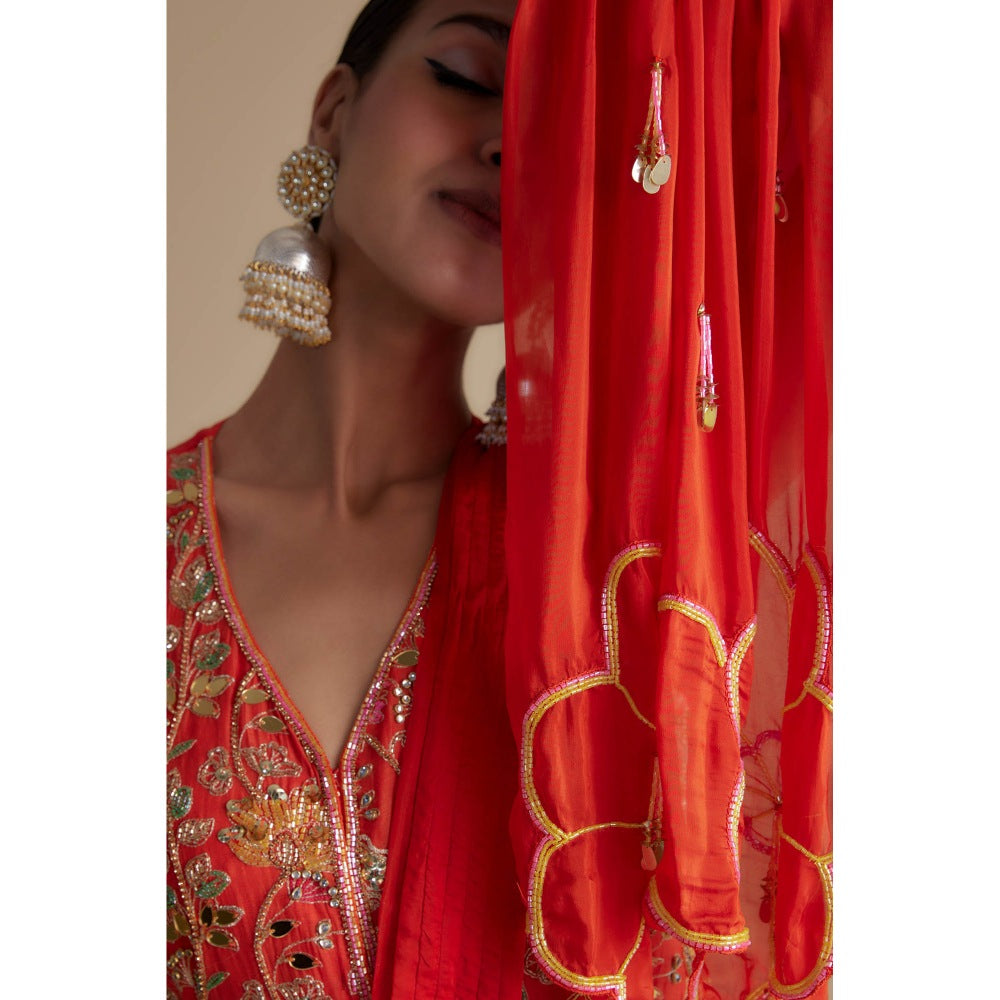 KEITH GOMES Red Embellished Tunic & An Attached Drape Dupatta Palazzo (Set of 3)