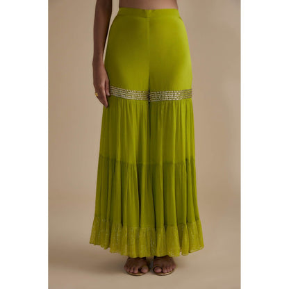 KEITH GOMES Green Bead Embroidered Double Layer Tunic & Palazzo (Set of 2)