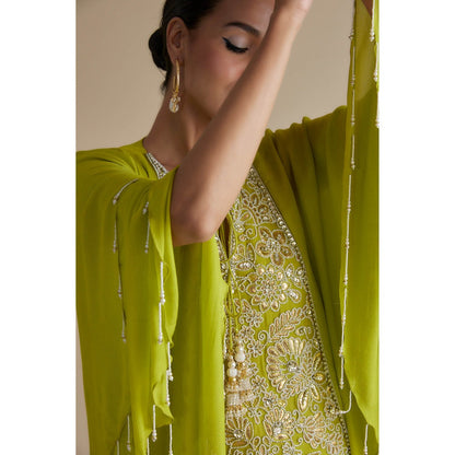 KEITH GOMES Green Bead Embroidered Double Layer Tunic & Palazzo (Set of 2)