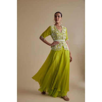 KEITH GOMES Green Bead Mirror Embroidered Peplum Top & Palazzo (Set of 3)