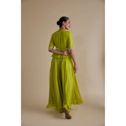 KEITH GOMES Green Bead Mirror Embroidered Peplum Top & Palazzo (Set of 3)