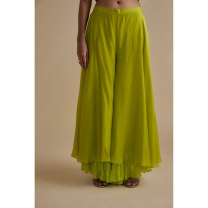 KEITH GOMES Green Bead Mirror Embroidered Peplum Top & Palazzo (Set of 3)