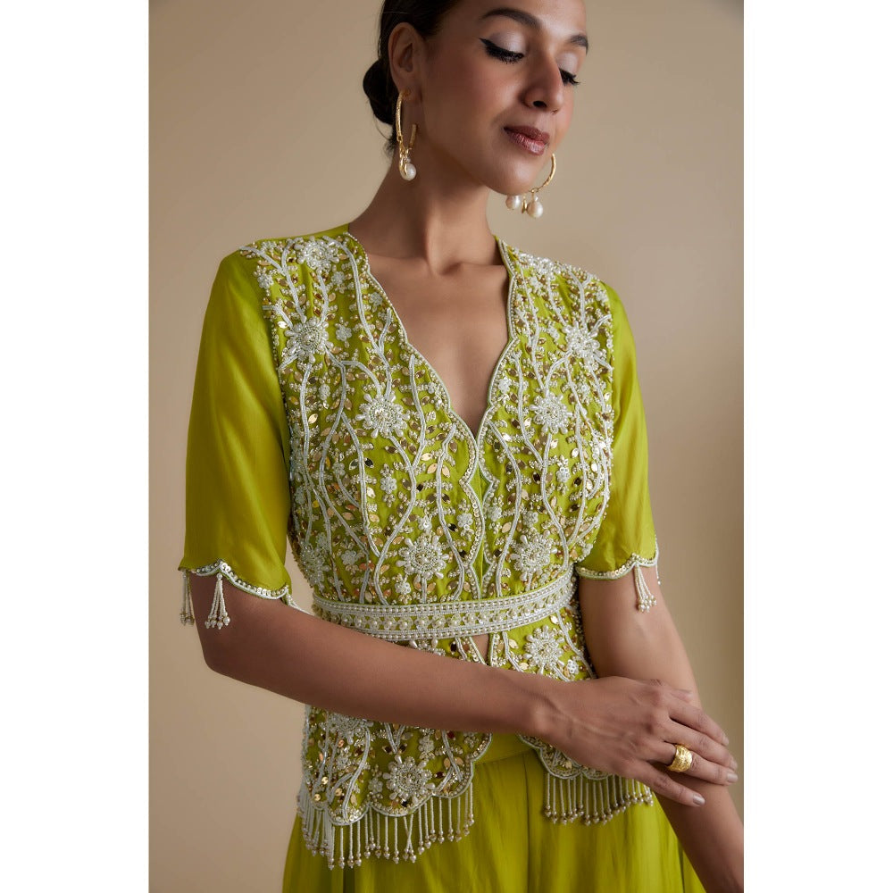 KEITH GOMES Green Bead Mirror Embroidered Peplum Top & Palazzo (Set of 3)