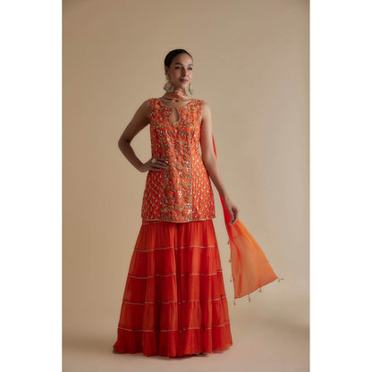 KEITH GOMES Red Sequin Embellished Tunic & Palazzo Dupatta (Set of 3)