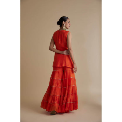 KEITH GOMES Red Sequin Embellished Tunic & Palazzo Dupatta (Set of 3)