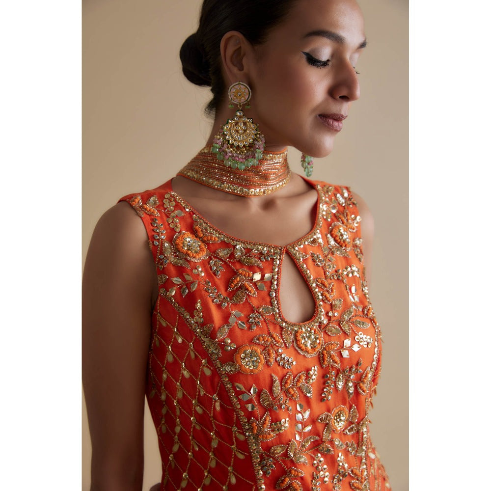 KEITH GOMES Red Sequin Embellished Tunic & Palazzo Dupatta (Set of 3)