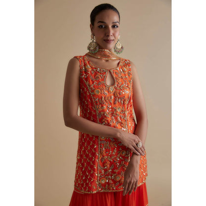 KEITH GOMES Red Sequin Embellished Tunic & Palazzo Dupatta (Set of 3)