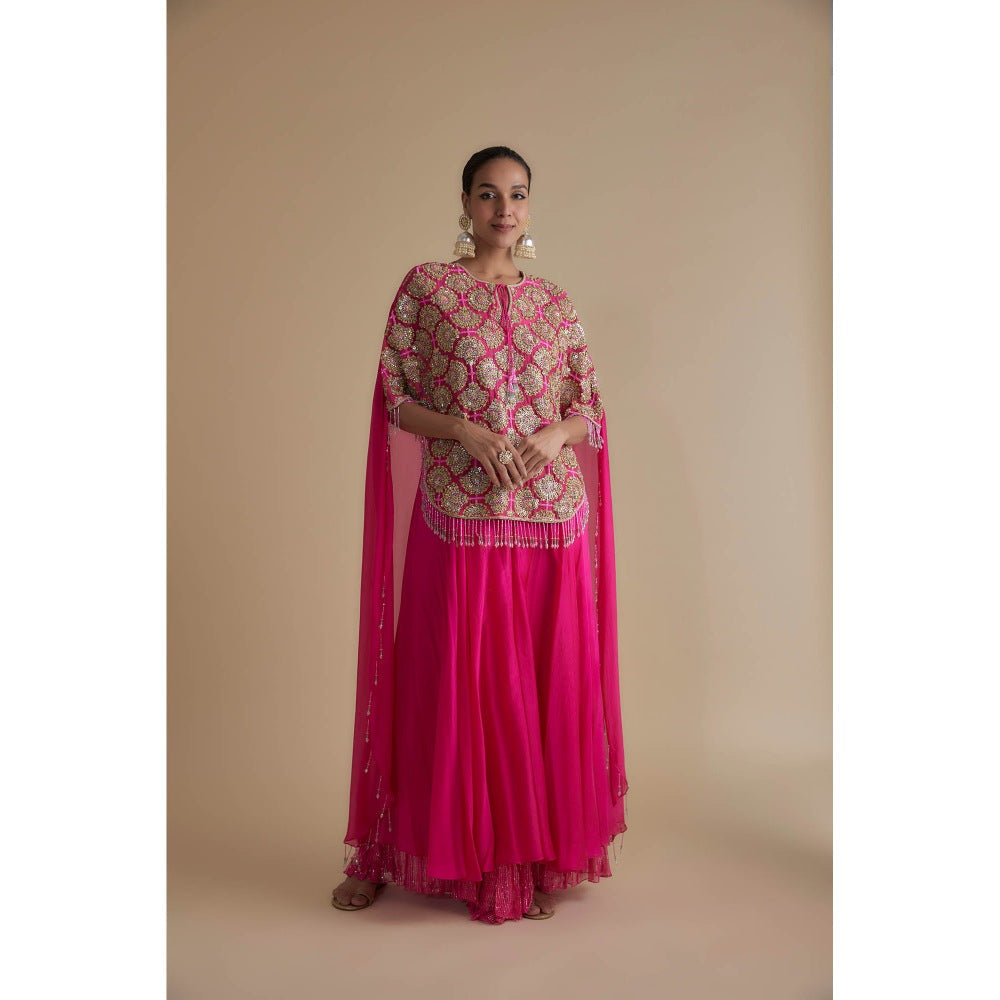 KEITH GOMES Pink Sequins Embellished Cape & Palazzo (Set of 3)
