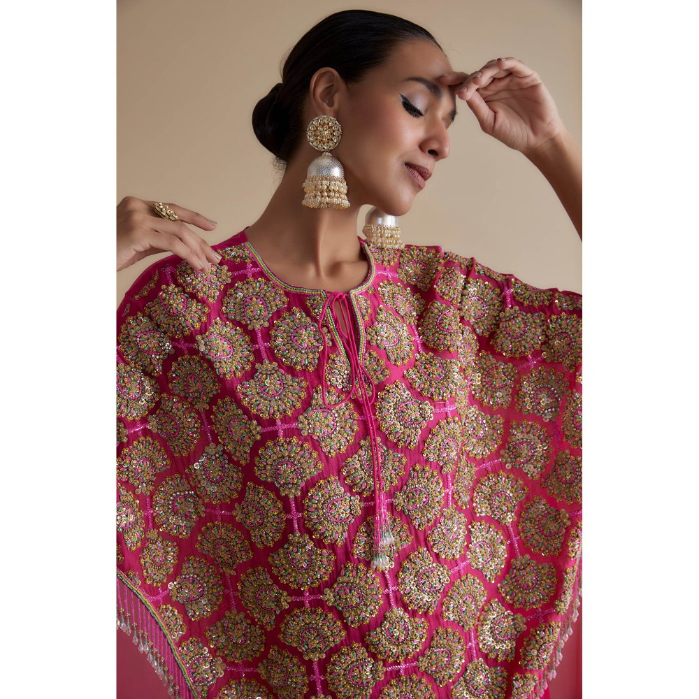 KEITH GOMES Pink Sequins Embellished Cape & Palazzo (Set of 3)