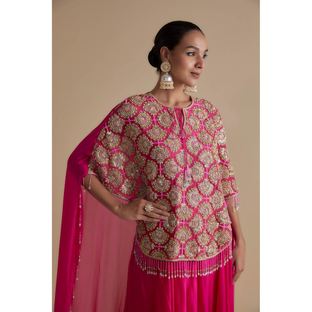 KEITH GOMES Pink Sequins Embellished Cape & Palazzo (Set of 3)