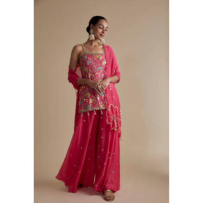 KEITH GOMES Pink Embellished Strap Tunic Dupatta & Palazzo (Set of 3)