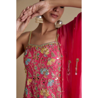 KEITH GOMES Pink Embellished Strap Tunic Dupatta & Palazzo (Set of 3)
