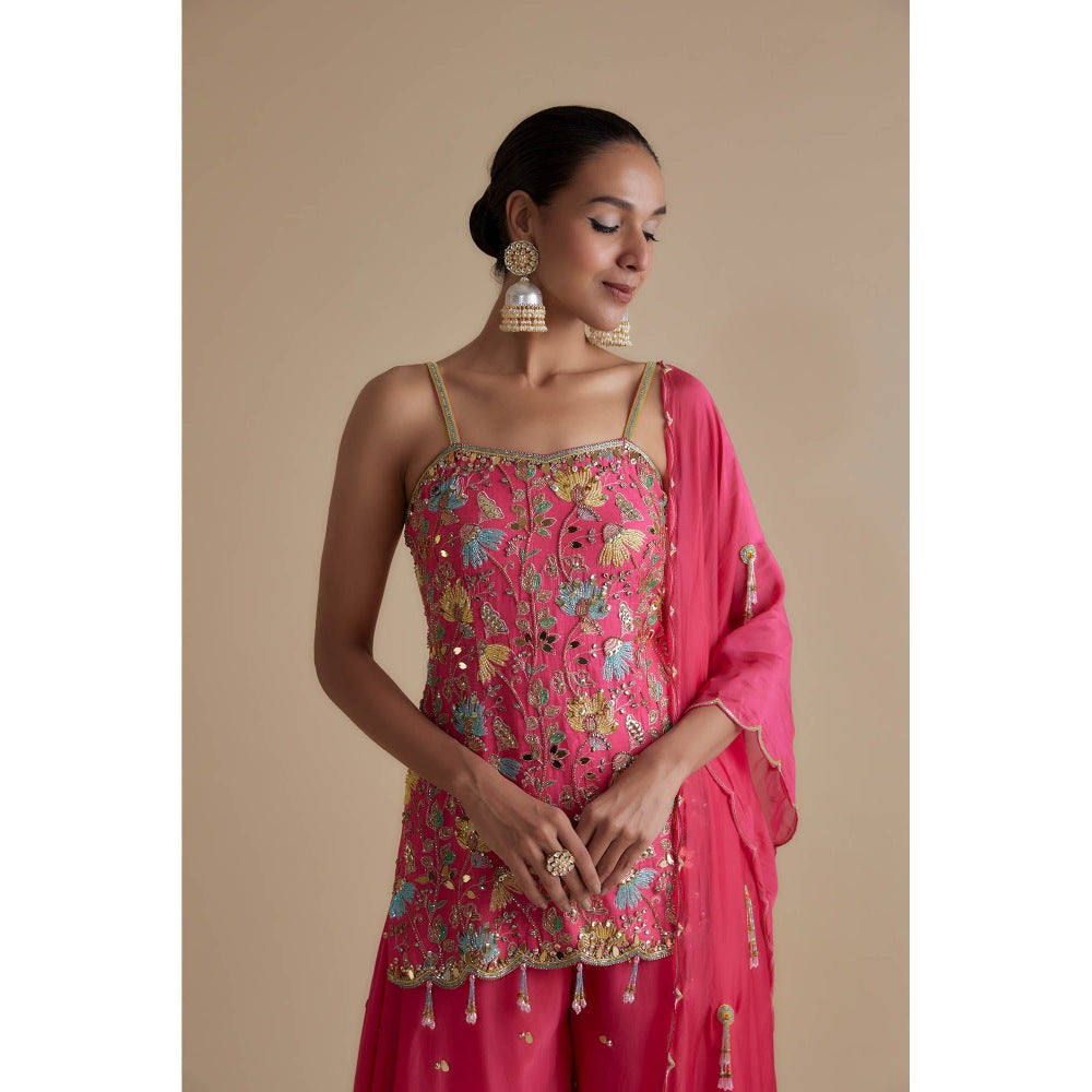 KEITH GOMES Pink Embellished Strap Tunic Dupatta & Palazzo (Set of 3)
