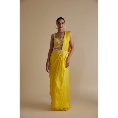 KEITH GOMES Yellow Embellished Blouse & Drape Skirt (Set of 2)