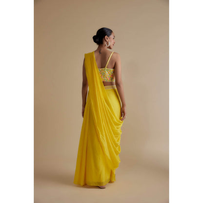 KEITH GOMES Yellow Embellished Blouse & Drape Skirt (Set of 2)