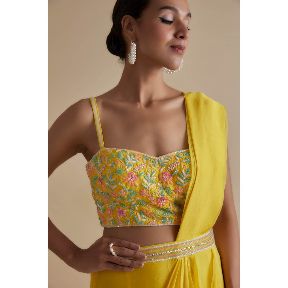 KEITH GOMES Yellow Embellished Blouse & Drape Skirt (Set of 2)