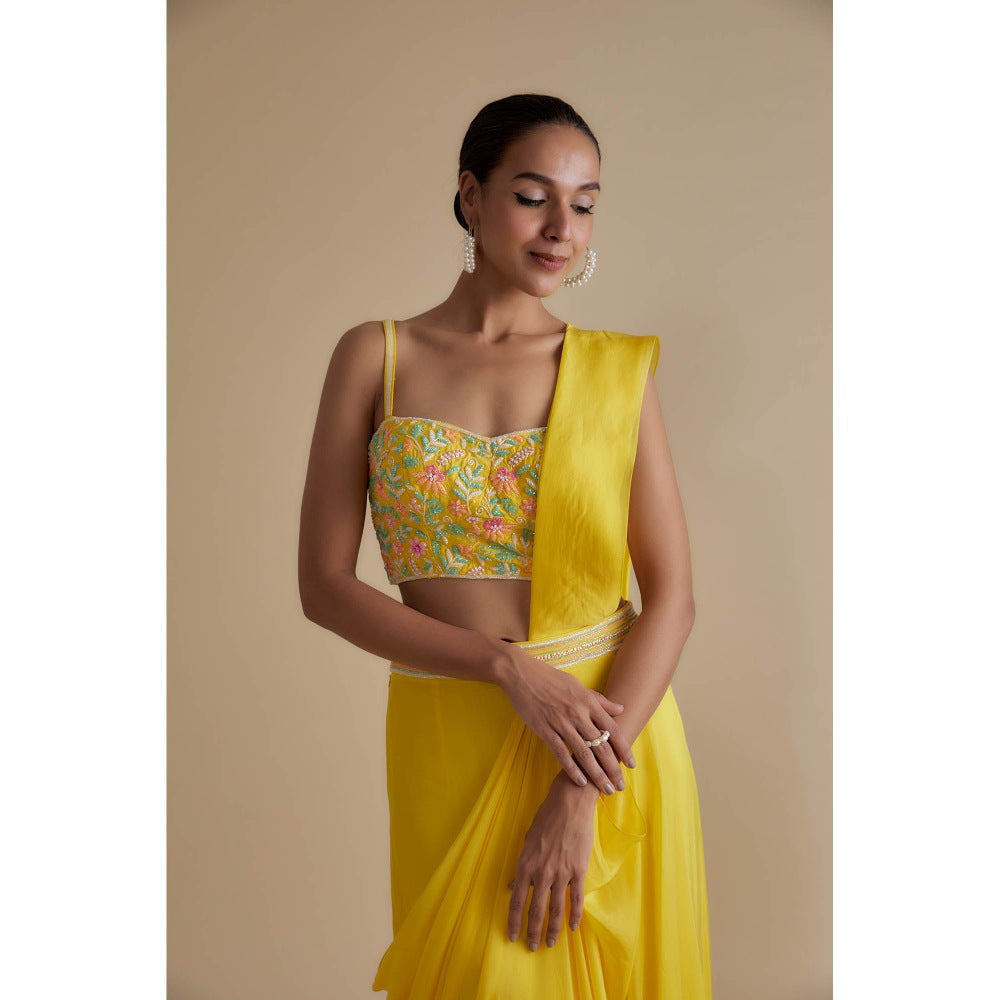 KEITH GOMES Yellow Embellished Blouse & Drape Skirt (Set of 2)