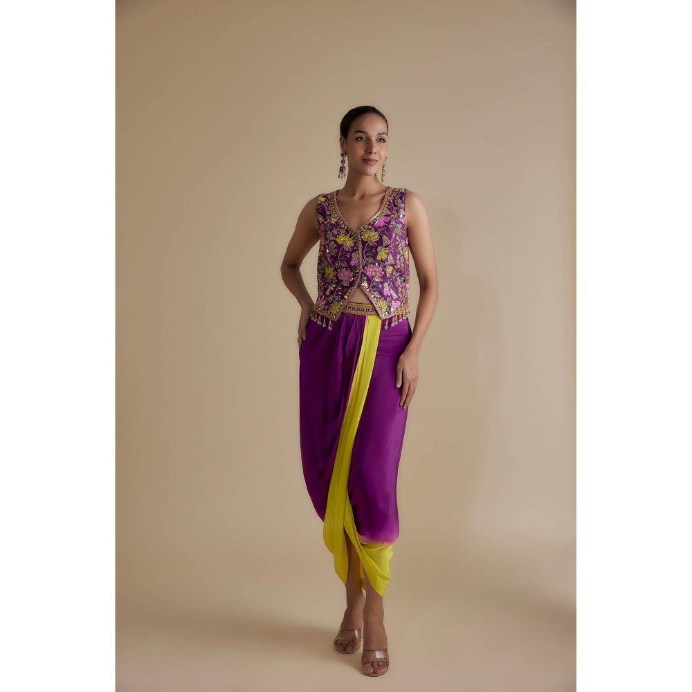 KEITH GOMES Purple Embellished Overlap Blouse & Skirt (Set of 2)