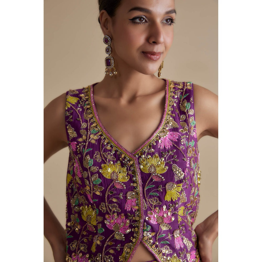 KEITH GOMES Purple Embellished Overlap Blouse & Skirt (Set of 2)