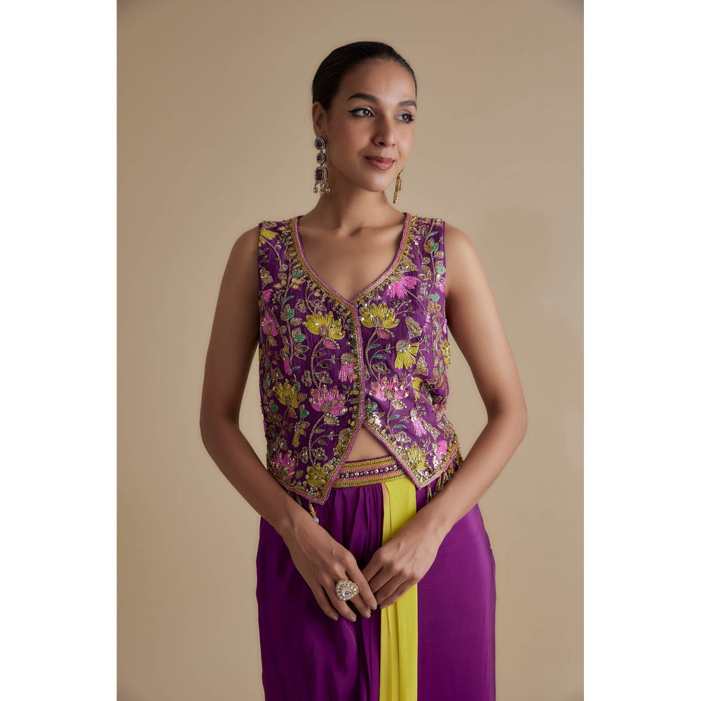 KEITH GOMES Purple Embellished Overlap Blouse & Skirt (Set of 2)