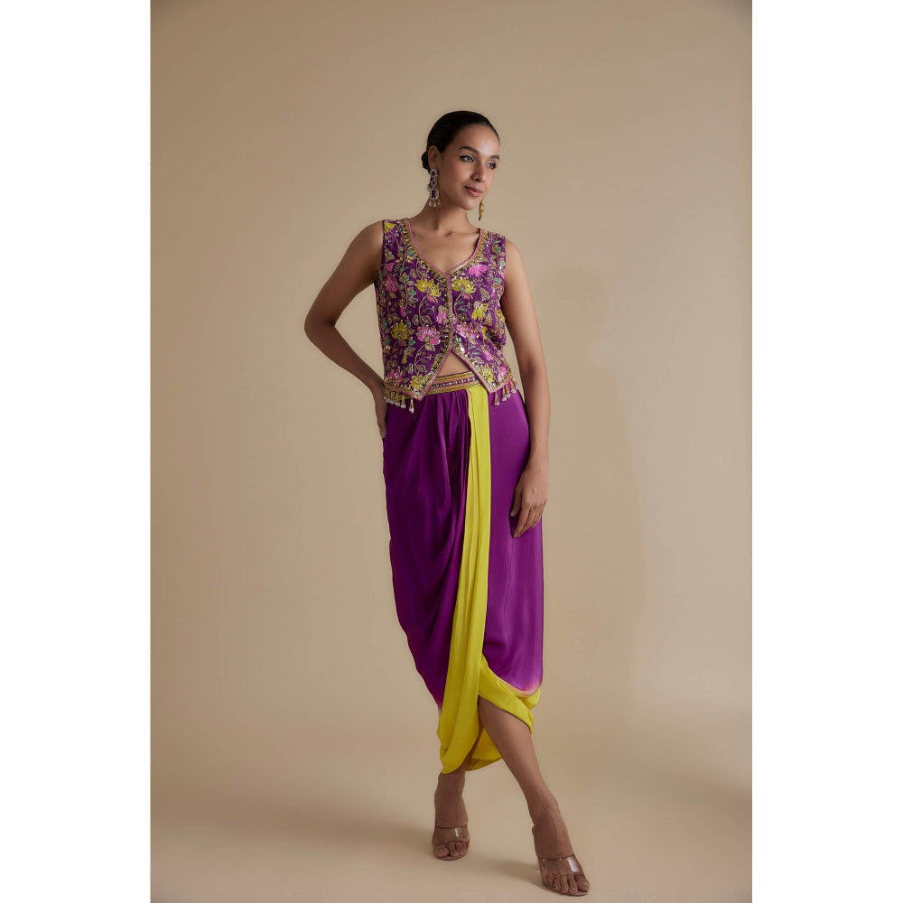 KEITH GOMES Purple Embellished Overlap Blouse & Skirt (Set of 2)