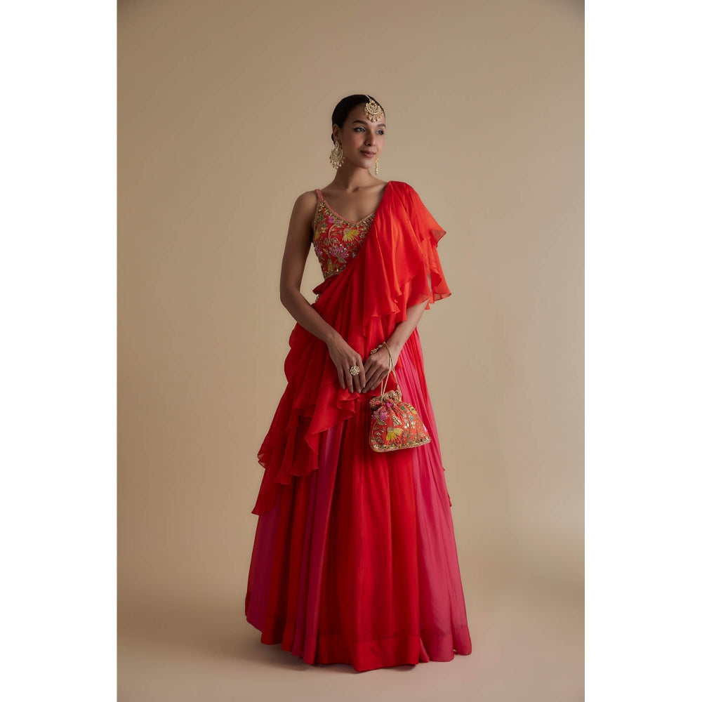 KEITH GOMES Red Embellished Blouse With A Skirt Drape Paired With A Potli Bag (Set of 3)