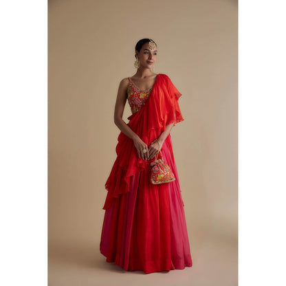 KEITH GOMES Red Embellished Blouse With A Skirt Drape Paired With A Potli Bag (Set of 3)