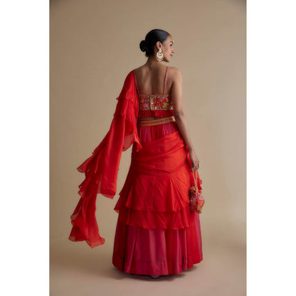 KEITH GOMES Red Embellished Blouse With A Skirt Drape Paired With A Potli Bag (Set of 3)