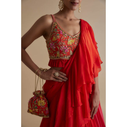 KEITH GOMES Red Embellished Blouse With A Skirt Drape Paired With A Potli Bag (Set of 3)