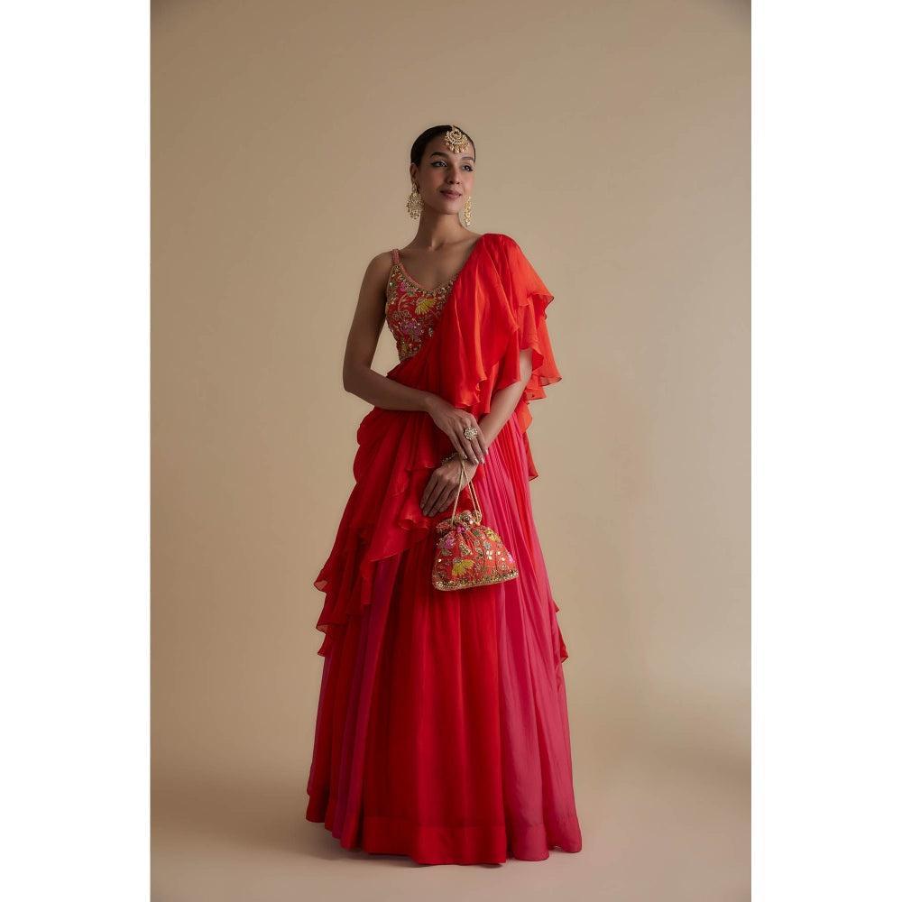 KEITH GOMES Red Embellished Blouse With A Skirt Drape Paired With A Potli Bag (Set of 3)