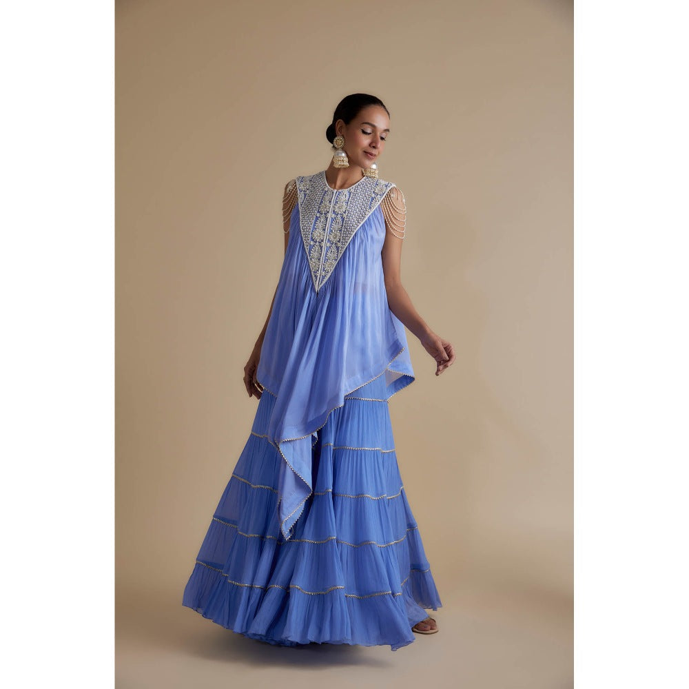 KEITH GOMES Blue Sequin And Mirror Embellished Tunic & Tier Sharara (Set of 2)