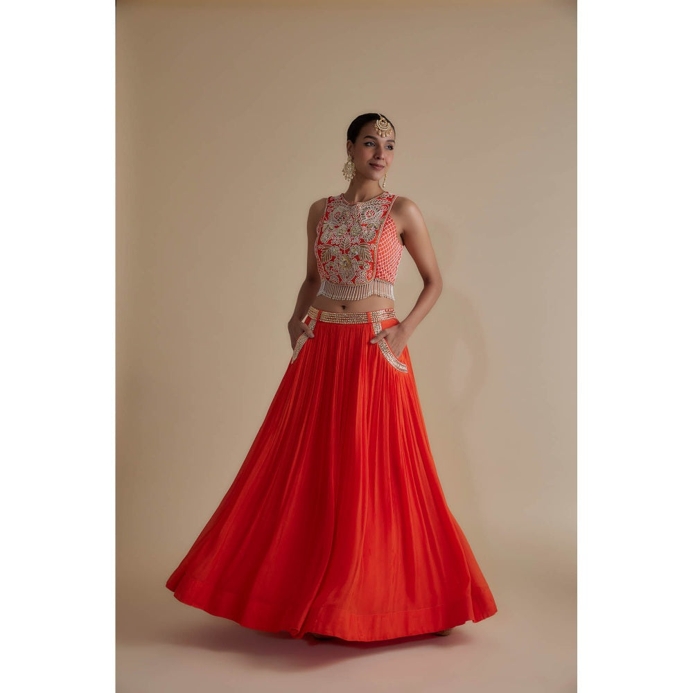 KEITH GOMES Red Sequins Embroidered Blouse & Skirt (Set of 2)