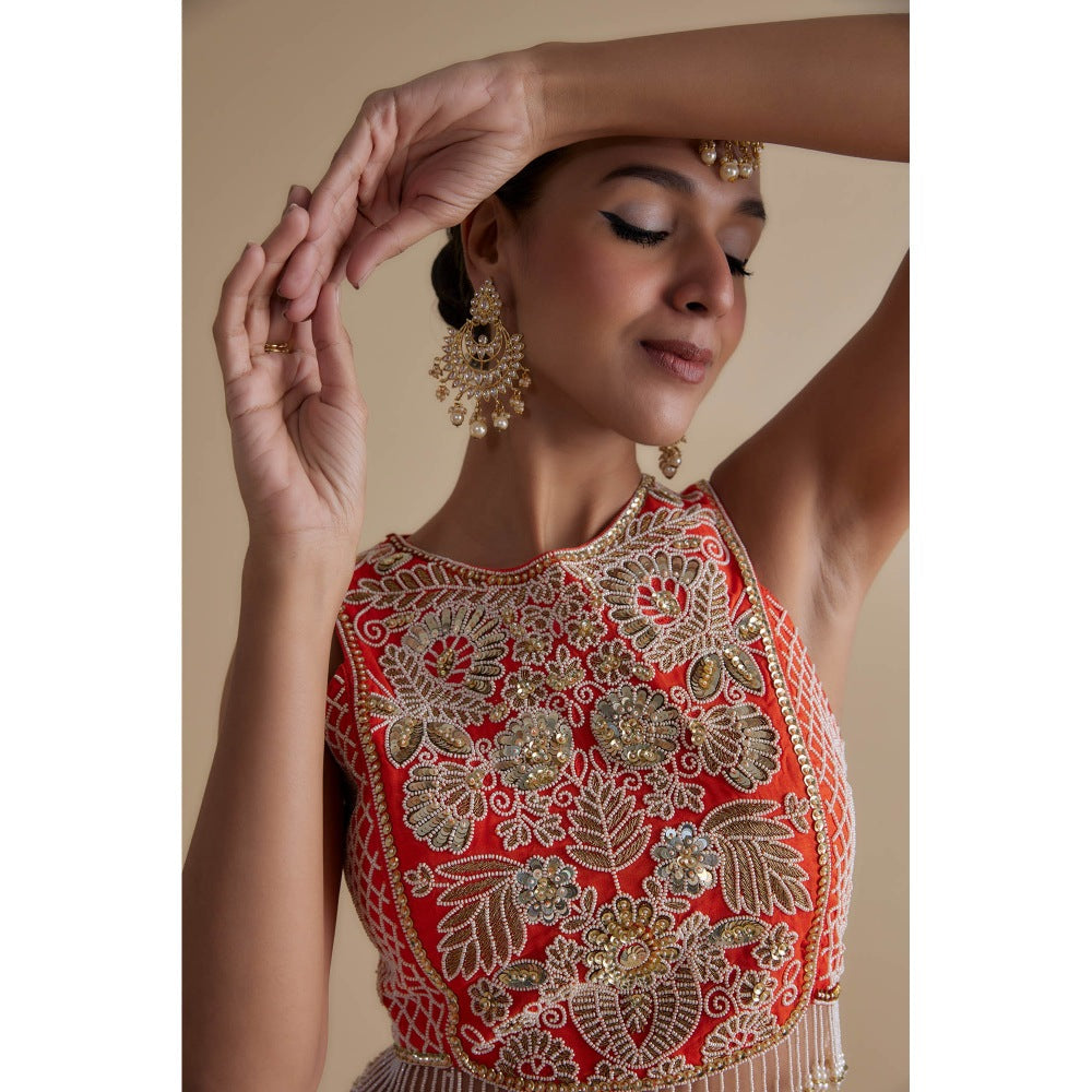 KEITH GOMES Red Sequins Embroidered Blouse & Skirt (Set of 2)