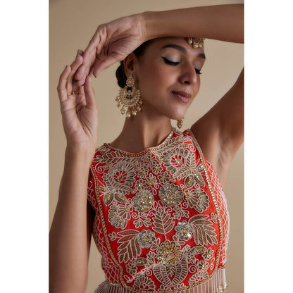 KEITH GOMES Red Sequins Embroidered Blouse & Skirt (Set of 2)