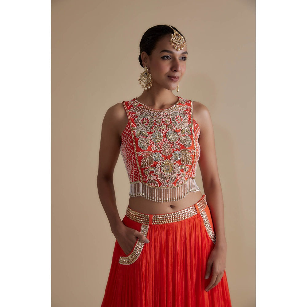 KEITH GOMES Red Sequins Embroidered Blouse & Skirt (Set of 2)