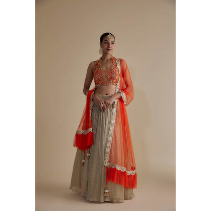 KEITH GOMES Orange Embellished Halter Blouse Dupatta & Skirt (Set of 3)