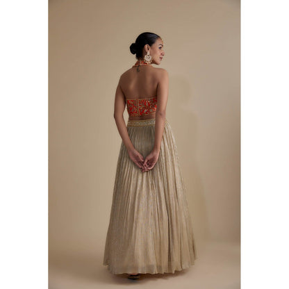 KEITH GOMES Orange Embellished Halter Blouse Dupatta & Skirt (Set of 3)