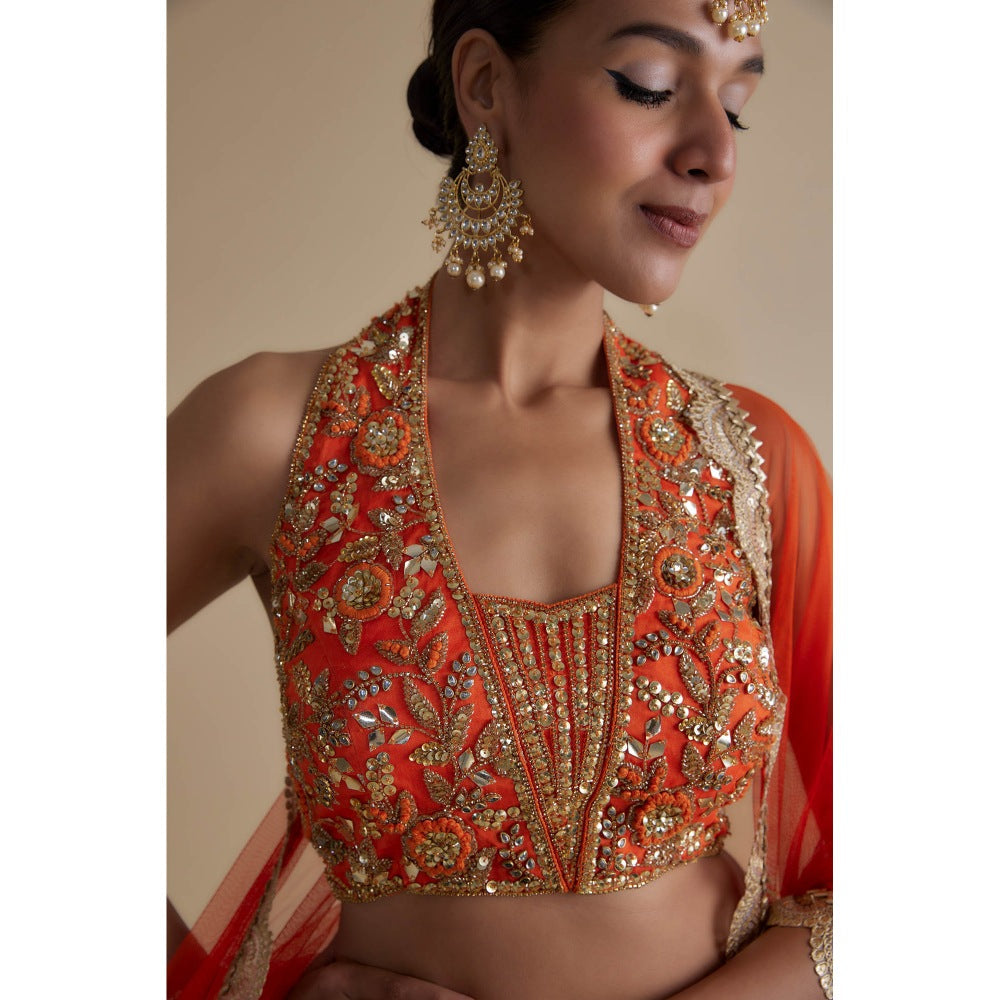 KEITH GOMES Orange Embellished Halter Blouse Dupatta & Skirt (Set of 3)