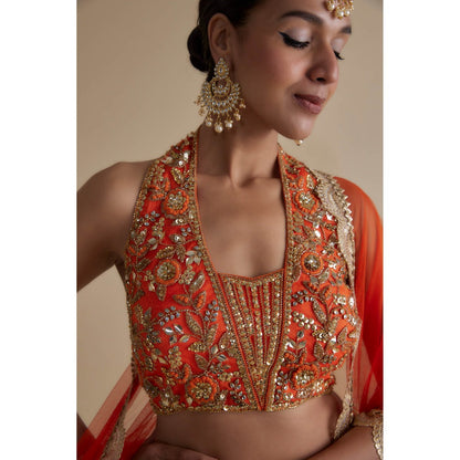 KEITH GOMES Orange Embellished Halter Blouse Dupatta & Skirt (Set of 3)