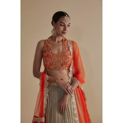 KEITH GOMES Orange Embellished Halter Blouse Dupatta & Skirt (Set of 3)