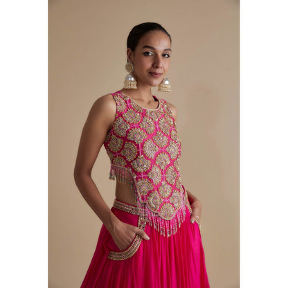 KEITH GOMES Pink Sequins Embellished Blouse & Skirt (Set of 2)