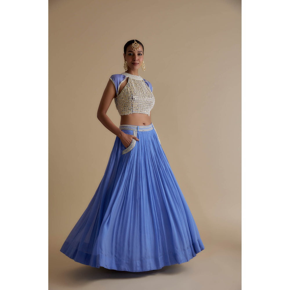 KEITH GOMES Blue Mirror And Bead Embroidered Blouse & Skirt (Set of 2)